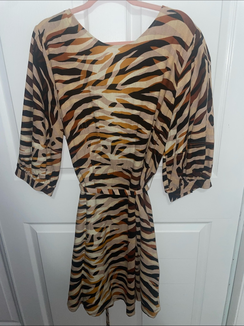 Who What Wear Beige, Brown and Black Zebra-Print Midi Dress